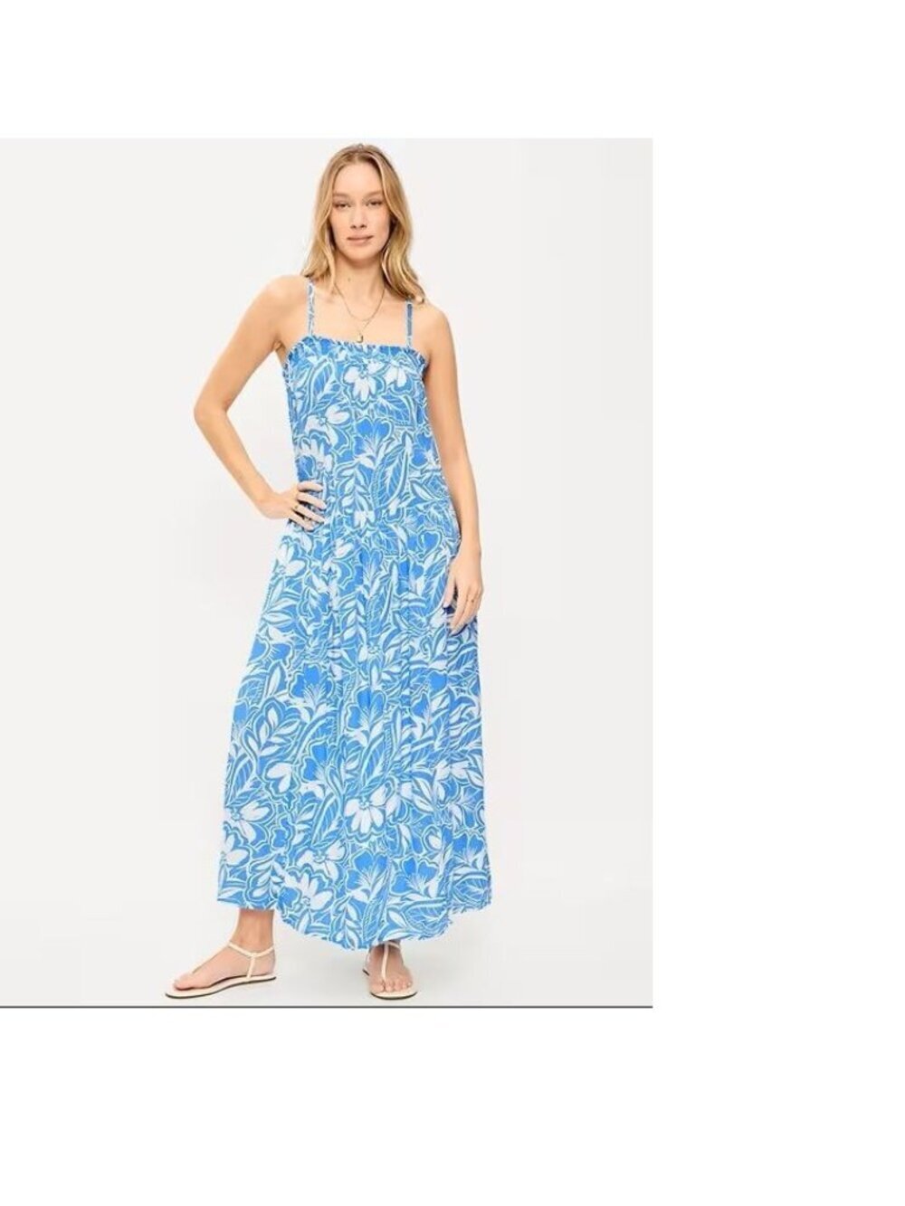 Old Navy Light Blue White Floral Hawaiian Strappy Tiered Maxi Dress Women Size M